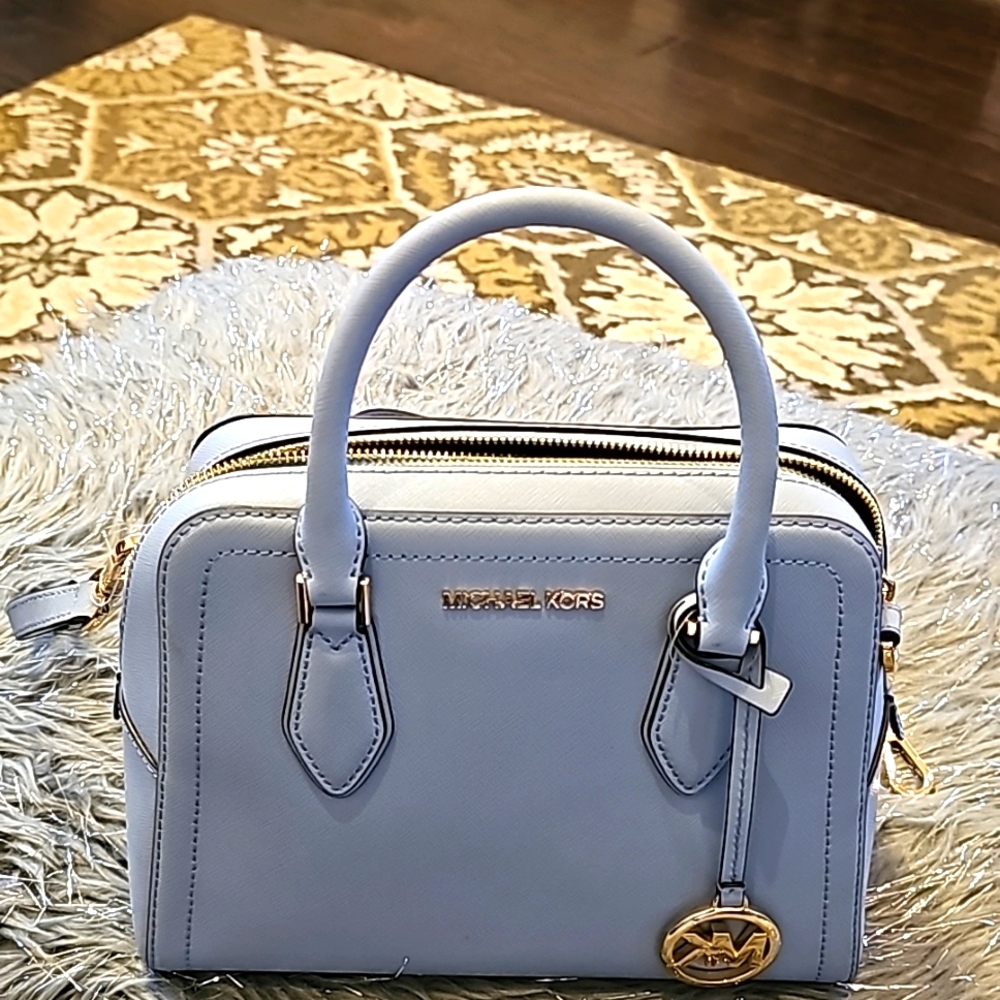 Michael Kors Light Blue Saffiano Leather Satchel with Gold Hardware